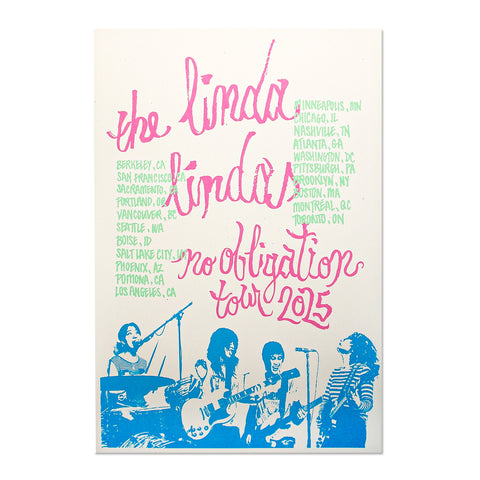 A vibrant 18 x 24 screen printed poster for The Linda Lindas No Obligation Tour 2025, with handwritten pink and blue text, a blue-tinted band photo, tour cities in green on the right, and a poster tube included.
